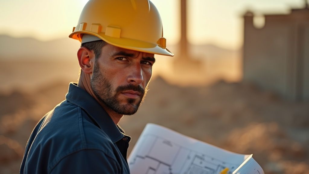 Construction foreman in navy work shirt and yellow hard hat reviewing blueprints at a Las Vegas job site at golden hour