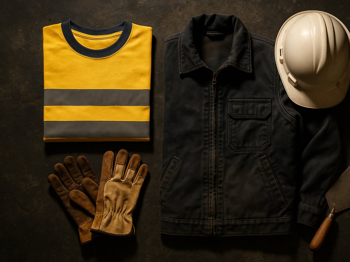 Concrete and masonry crew gear — heavyweight tee, hi-vis vest, branded white hard hat