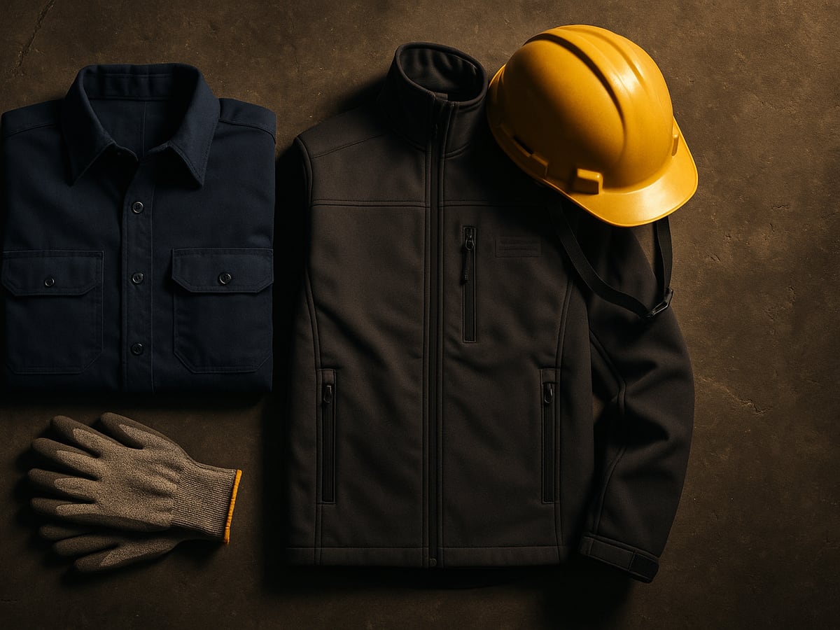 Oil, gas, and mechanical field gear — FR-rated button-up shirt, embroidered softshell jacket, arc-rated gloves