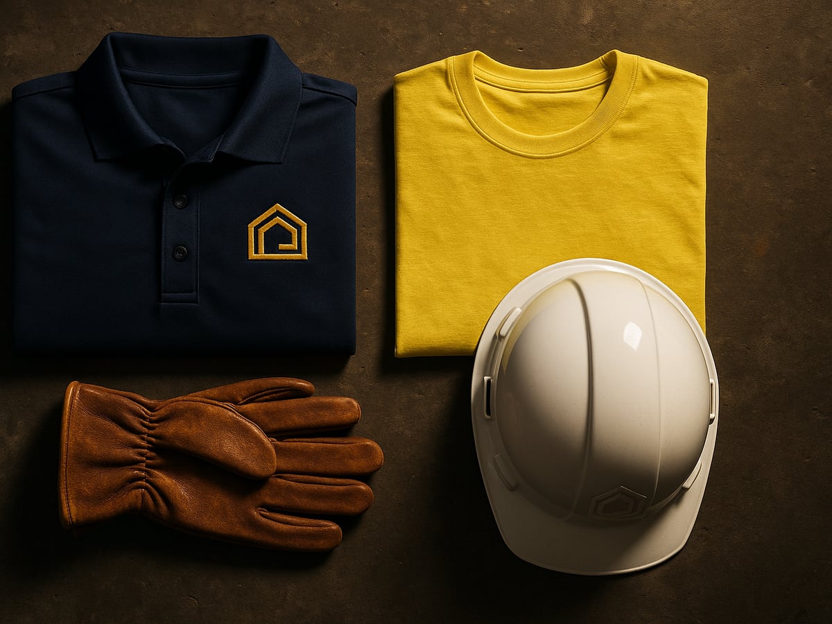 General contractor crew gear kit — hi-vis tees, embroidered polos, branded hard hat