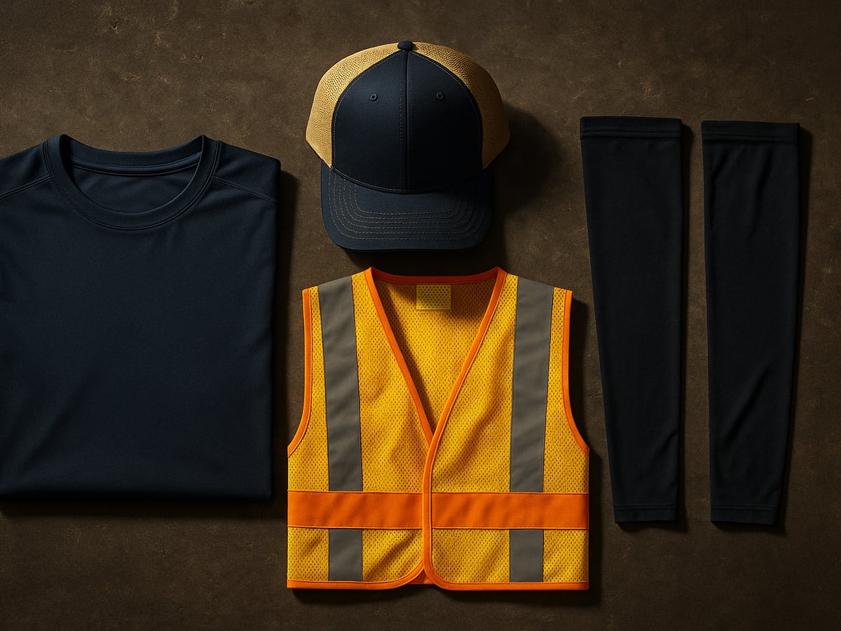 Landscaping crew gear — moisture-wicking performance tee, trucker cap, quarter-zip pullover