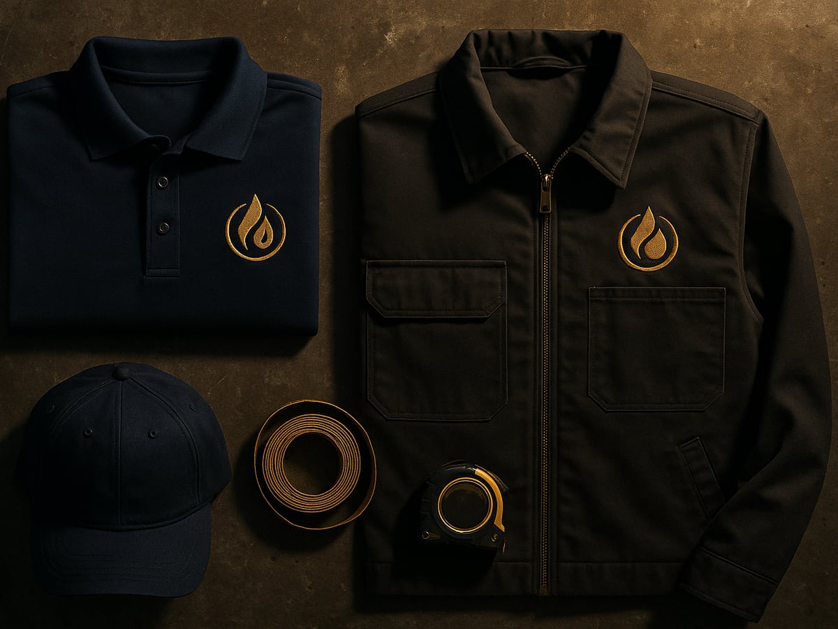 HVAC service tech wearing embroidered Port Authority polo with company logo for Las Vegas residential service