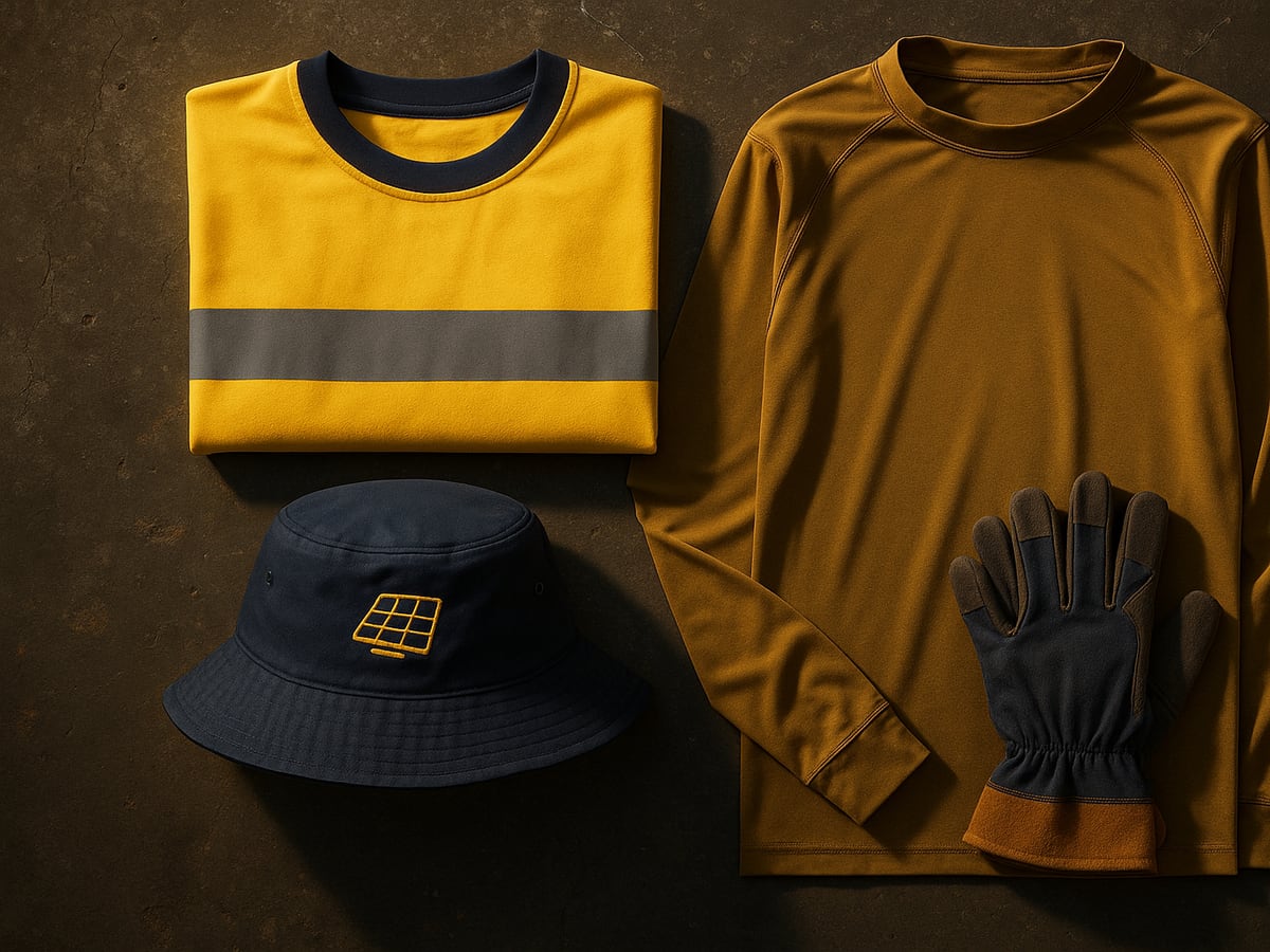 Roofing crew gear — ANSI hi-vis tee, embroidered bucket hat, hoodie