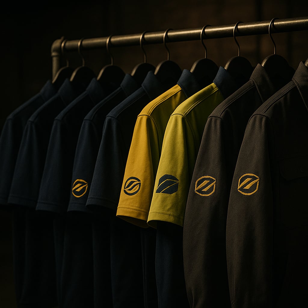 Branded employee apparel portal displayed on a laptop in a construction office — polos, hi-vis shirts, jackets visible on screen