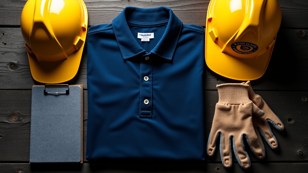 Branded work apparel flat lay — hi-vis shirt, jacket, embroidered hat, and safety gear arranged on a worktop.